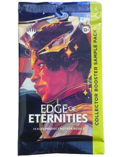 A sealed booster pack for the game Edge of Eternities, featuring a stylized portrait of a woman in profile with a glowing headpiece. The pack has a dark blue and black background with a bright lime-green vertical strip on the right that reads 'COLLECTOR BOOSTER SAMPLE PACK'.