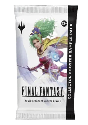 A sealed Final Fantasy collector booster sample pack shown against a plain white background. The pack is mostly white with a black vertical band on the right and fantasy artwork of a green-haired female warrior on the front.