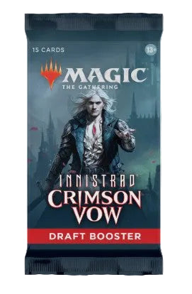 A Magic: The Gathering card pack labeled 'Innistrad Crimson Vow Draft Booster' with artwork of a pale-haired character in dark clothing against a blue-gray gothic background. The pack is dark blue with red and white text and logo accents.