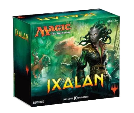 Magic: The Gathering Ixalan card bundle box, featuring artwork of the Ixalan character with green and black tones, yellow title text, and a white background.