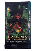 A sealed booster sample pack for The Lord of the Rings: Tales of Middle-earth, featuring dark artwork with green smoke, a red-faced figure, and gold title text on a white background.