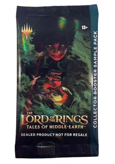 A sealed booster sample pack for The Lord of the Rings: Tales of Middle-earth, featuring dark artwork with green smoke, a red-faced figure, and gold title text on a white background.