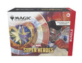 Magic: The Gathering Marvel Super Heroes card game bundle box, featuring Marvel and Magic branding with superhero artwork on the front and a red side panel labeled BUNDLE.