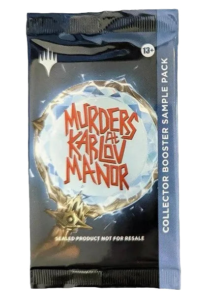 A sealed collector booster sample pack for 'Murders at Karlov Manor' on a plain light background. The pack is dark blue and black with a large circular icy graphic and red title text, plus white vertical text reading 'COLLECTOR BOOSTER SAMPLE PACK'.