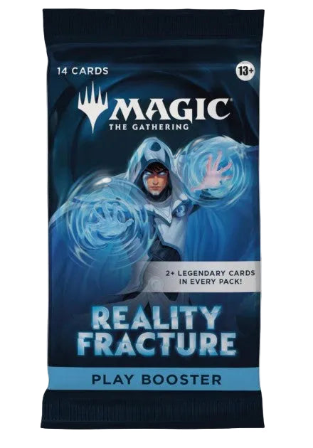 A Magic: The Gathering Reality Fracture play booster pack featuring a dark blue design with a character casting a blue spell and the text 'REALITY FRACTURE' and 'PLAY BOOSTER'.