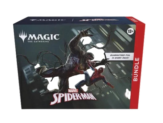 Magic: The Gathering Marvel Spider-Man bundle box, featuring artwork of Venom and Spider-Man, with a red side panel labeled BUNDLE.