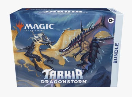 Magic: The Gathering Tarkir Dragonstorm trading card game box bundle, featuring artwork of two dragons on a blue and yellow background.