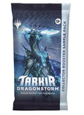 A sealed Magic: The Gathering booster pack for Tarkir Dragonstorm, featuring artwork of a blue dragon on a dark background with a white vertical band reading 'COLLECTOR BOOSTER SAMPLE PACK'.