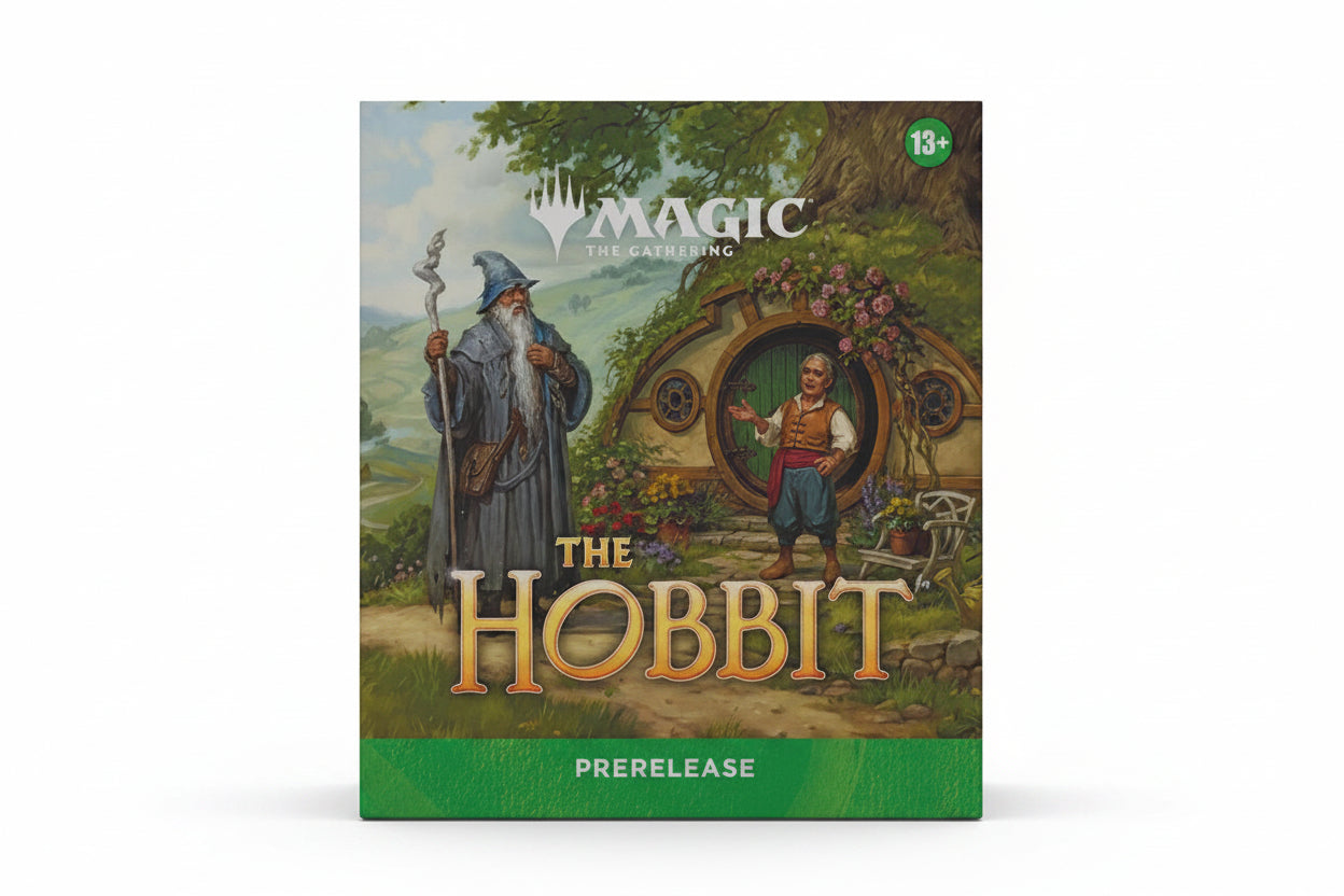 Magic: The Gathering The Hobbit Prerelease card box cover, featuring artwork of a wizard and a hobbit in front of a hobbit house, with the Magic logo and 'The Hobbit' title.