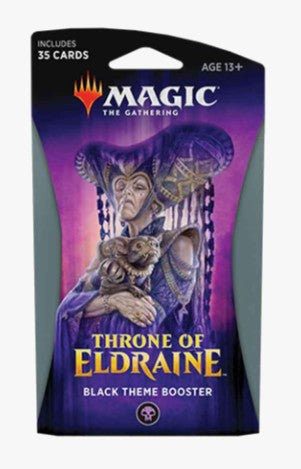 Magic: The Gathering Throne of Eldraine Black Theme Booster pack, featuring artwork of a dark fantasy character holding a small creature, with purple and black packaging and gold title text.