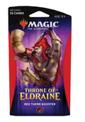 Magic: The Gathering Throne of Eldraine Red Theme Booster card pack packaging, featuring a red-haired warrior illustration on a purple and red background.