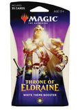 Magic: The Gathering Throne of Eldraine White Theme Booster card pack, featuring artwork of a white-armored warrior and text indicating it includes 35 cards and is suitable for age 13+.