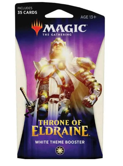 Magic: The Gathering Throne of Eldraine White Theme Booster card pack, featuring artwork of a white-armored warrior and text indicating it includes 35 cards and is suitable for age 13+.