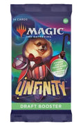 Magic: The Gathering Unfinity Draft Booster pack featuring a cartoon dog in a red bow tie and striped jacket on a colorful cosmic background, with 'UNFINITY' in large stylized text and 'DRAFT BOOSTER' at the bottom.