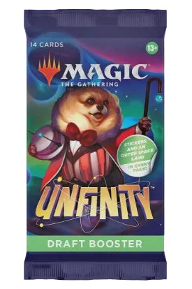 Magic: The Gathering Unfinity Draft Booster pack featuring a cartoon dog in a red bow tie and striped jacket on a colorful cosmic background, with 'UNFINITY' in large stylized text and 'DRAFT BOOSTER' at the bottom.