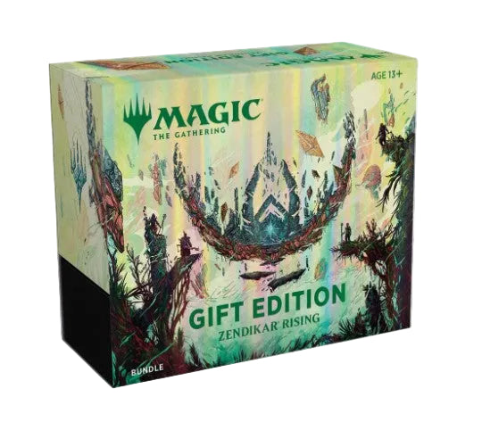 Magic: The Gathering Zendikar Rising Gift Edition box, featuring a colorful fantasy illustration of a floating island and green title text on a white background.