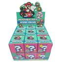 A Mario Kart Mystery Item Box retail display box filled with multiple individual blind box packs. The packaging features Mario Kart branding, character graphics, and colorful racing-themed designs in teal, pink, and blue.