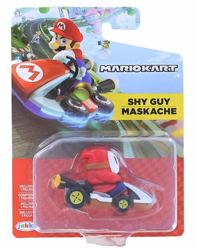 A Mario Kart toy race car figure in its original blister card packaging, featuring the character Shy Guy Maskache in a red and white kart with yellow wheels.