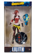 A Borderlands Lilith action figure in its original window box packaging, featuring Lilith with her blue pistol accessory.