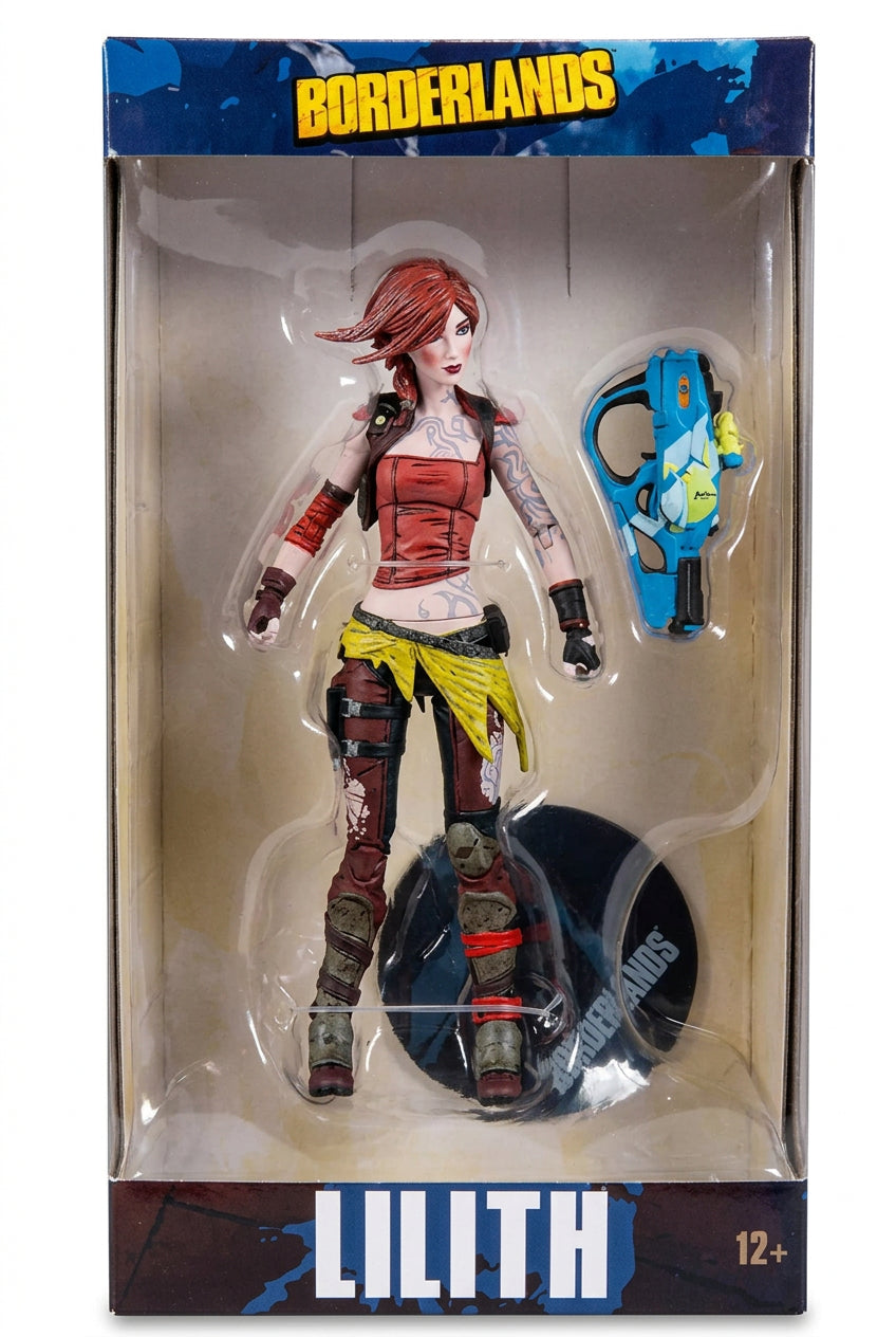 A Borderlands Lilith action figure in its original window box packaging, featuring Lilith with her blue pistol accessory.
