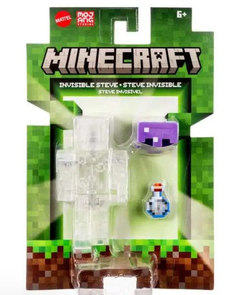 Minecraft Steve Invisible toy set in its original blister card packaging, featuring a translucent blocky Steve figure, a purple invisible head, and a potion bottle accessory.