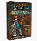 Steampunk-themed board game box titled "Munchkin Steampunk" by Steve Jackson Games, featuring illustrated steampunk character artwork on the front and spine against a plain light background.