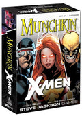 Munchkin X-Men board game box featuring comic character artwork on the front and side panels, with large yellow Munchkin branding and X-Men title text.