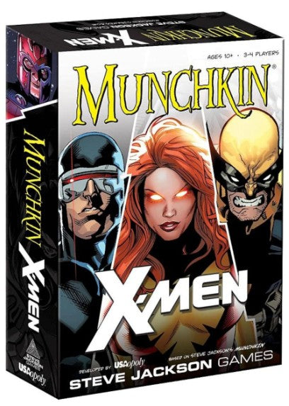 Munchkin X-Men board game box featuring comic character artwork on the front and side panels, with large yellow Munchkin branding and X-Men title text.