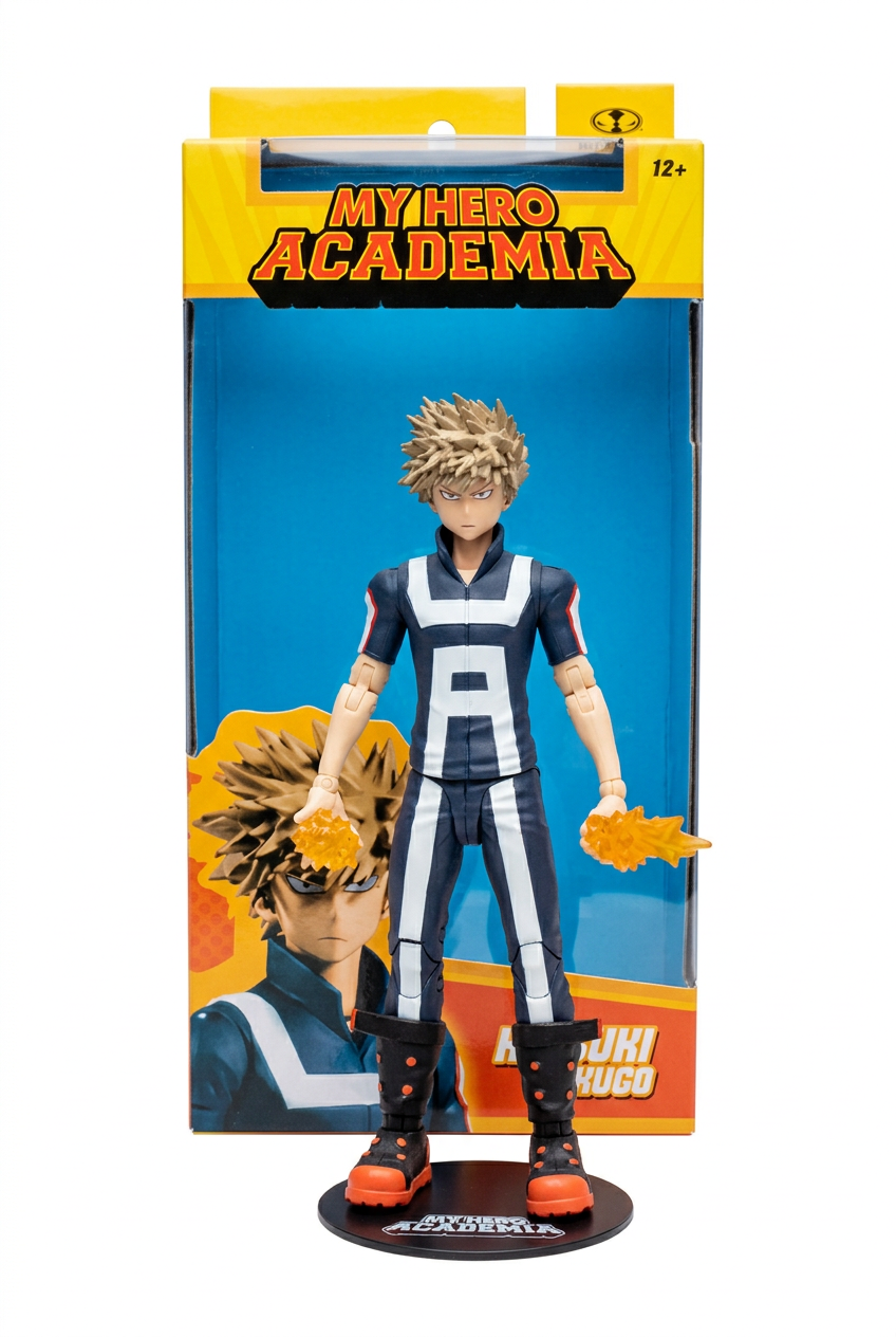 My Hero Academia Toichi Mugasa action figure standing in front of its original blue and yellow packaging box on a tabletop.