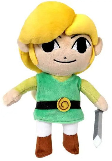 A small plush toy of Link from The Legend of Zelda, featuring yellow hair, a green tunic, white pants, brown boots, and a black belt with a gold spiral emblem, holding a silver sword against a white background.