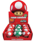 A retail display box of Super Mario Bros. sour candies shaped like mushroom caps.