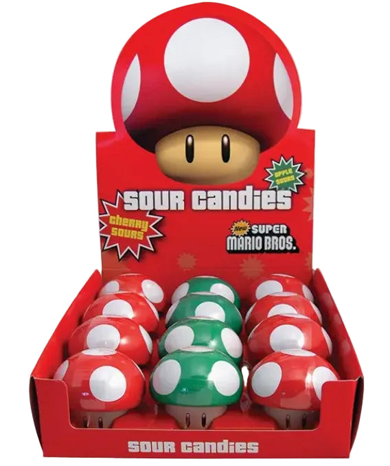 A retail display box of Super Mario Bros. sour candies shaped like mushroom caps.