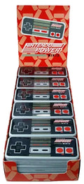 A retail display box filled with multiple vintage-style Nintendo Power Game Controllers, with the open back panel showing the Nintendo Power branding and a controller graphic.