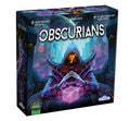 Board game box for Obscurians, featuring a futuristic dark blue and purple sci-fi city scene with a hooded figure holding a glowing purple cube. Visible text includes the game title 'OBSCURIANS' and publisher logo 'OutSet'; Funworlds logo appears near the bottom left.
