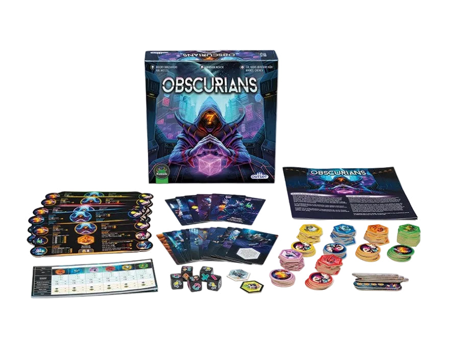 Obscurians board game set displayed on a white background, showing the main box, cards, tokens, dice, and other game components arranged neatly.