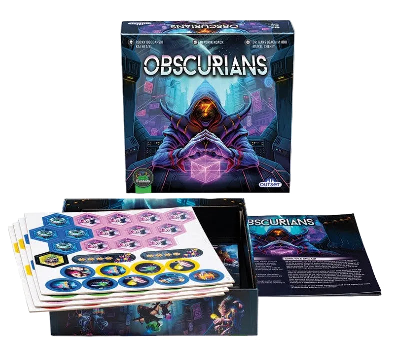 Obscurians board game set displayed on a white background, including the main box with a hooded character illustration, a stack of game components, a hex grid, and an instruction booklet.