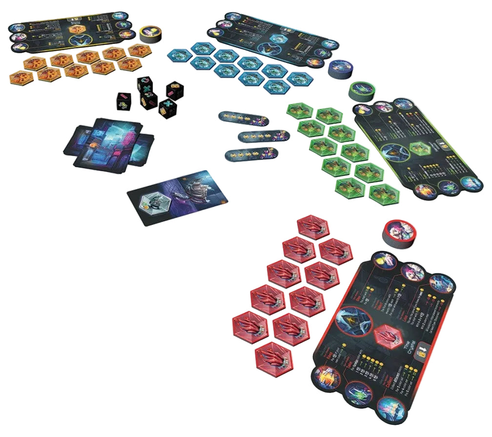 A set of board game components laid out on a plain white background, including multiple black character cards, colorful hexagonal tiles in blue, green, red, and orange, and small black dice.
