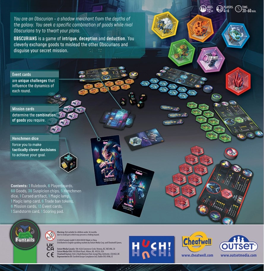 Back of a Obscurians tabletop gaming product box or manual showing the included components and rules overview on a dark illustrated background with brand logos at the bottom.