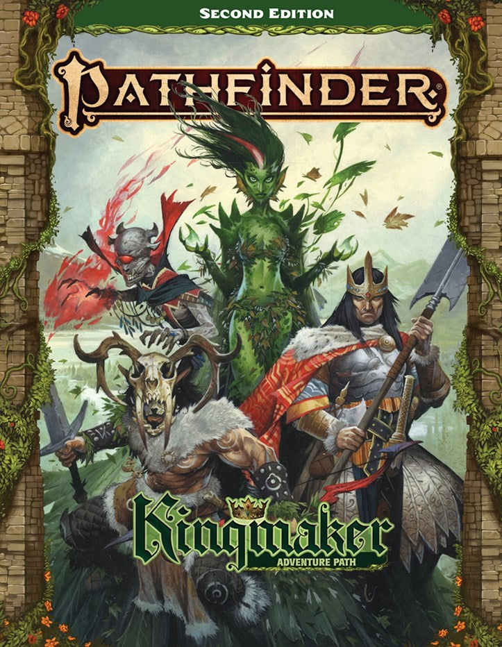Pathfinder Kingmaker adventure path cover with two characters and a creature on a green background