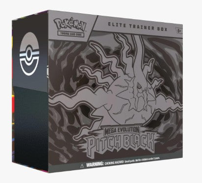 Pokémon Trading Card Game Elite Trainer Box Mega Evolution Pitchblack edition, featuring a dark gray and black box with a stylized Pitchblack illustration and the Pokémon logo.