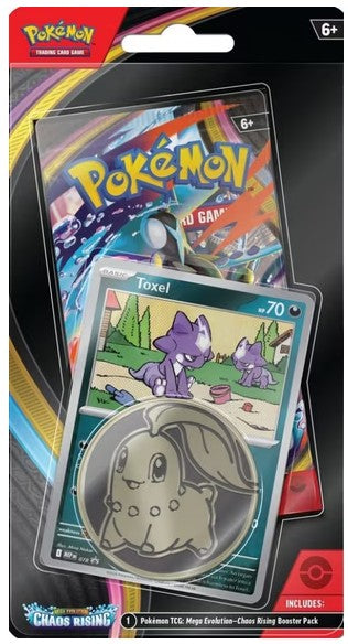 Pokémon Trading Card Game Chads Rising MEGA Evolution Char’i Rising Booster Pack in its original blister card packaging, featuring a Toxel card and a circular Char’i illustration.