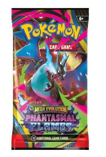 A Pokémon TCG booster pack for the Phantasmal Flames Mega Evolution expansion, featuring a highly colorful illustration of a blue dragon on a black background with neon pink, yellow, and green accents.