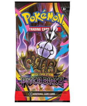 A Pokémon Trading Card Game Mega Evolution Pitch Black booster pack, featuring a colorful, highly detailed card art illustration with the Pitch Black character and the official Pokémon logo.