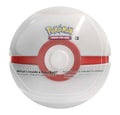 A round white Pokémon Trading Card Game Poké Ball tin with a red horizontal band and the Pokémon logo printed on the front, shown on a plain white background.