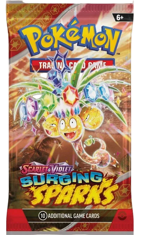Pokémon Scarlet & Violet Surging Sparks booster pack featuring a colorful illustration of a glowing plant-like character with gemstones, large Pokémon branding at the top, and product text indicating 10 additional game cards.