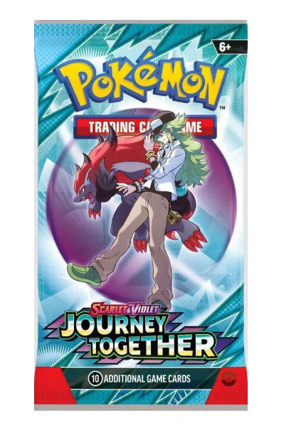 Pokémon Trading Card Game Starlight & Violet Journey Together booster pack packaging, featuring artwork of a trainer with a red dragon and a green-haired character against a blue and purple background.