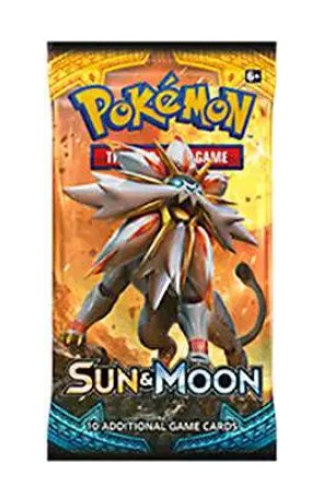 A Pokémon TCG booster pack for Sun & Moon, featuring a prominent illustration of the character Solgaleo on the front. The pack is shown against a plain white background.