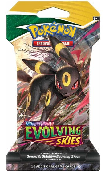 Pokémon Trading Card Game Sword Shield Evolving Skies booster pack featuring artwork of the Evolving Skies character on the front.