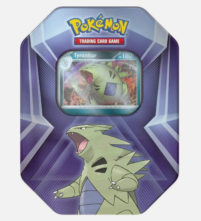Pokémon Trading Card Game Tyranitar metal tin can, featuring a green Tyranitar card in the center and a large illustration of Tyranitar on the front, set against a light gray background.