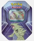 Pokémon Trading Card Game tin featuring Tyranitar artwork and the Pokémon logo on a purple geometric card tin.